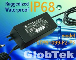 IP68 Waterproof Switching Power Supply Ac Adapter in Class I or II configuration 60W (Watt) replaces generic desktop power supplies for use in environments requiring ruggedized configurations, model GTM91099-P2-P3 Series